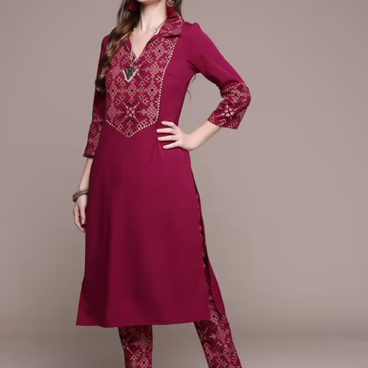 Women’s Maroon Crepe Kurta and Pant (Set of 2)
