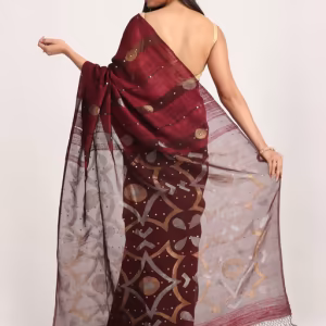 Deep Maroon Matka Silk Handloom Traditional Sequin Jamdani Saree with Unstitched Blouse