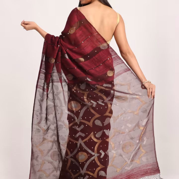 Deep Maroon Matka Silk Handloom Traditional Sequin Jamdani Saree with Unstitched Blouse