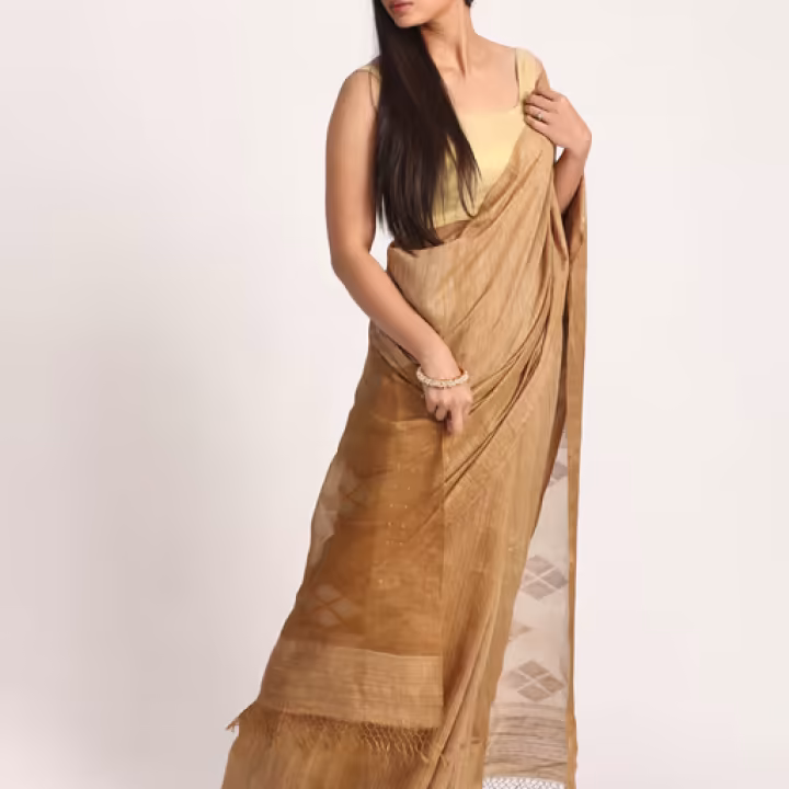 Deep Tan Matka Silk Handloom Traditional Jamdani Saree with Unstitched Blouse
