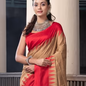 Muga Silk Matka Body Red Temple Border Jacquard Jamdani Saree with Unstitched Blouse