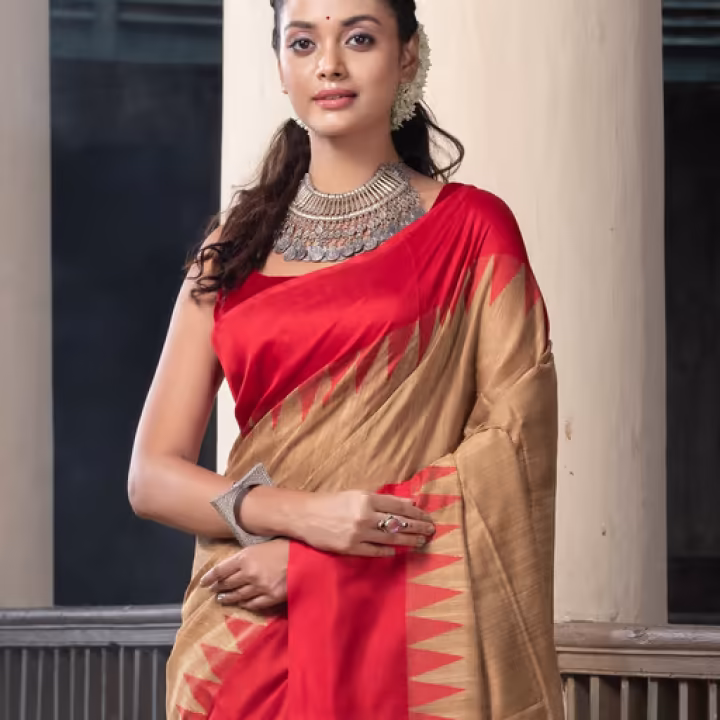 Muga Silk Matka Body Red Temple Border Jacquard Jamdani Saree with Unstitched Blouse
