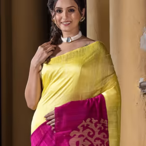 Yellow & Magenta Silk Matka Solid Body Handwoven Jamdani Saree with Unstitched Blouse