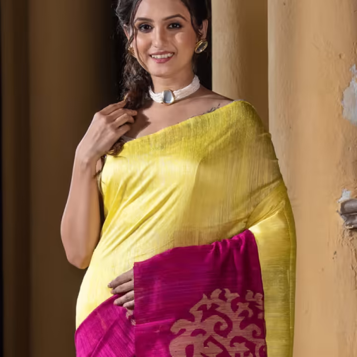 Yellow & Magenta Silk Matka Solid Body Handwoven Jamdani Saree with Unstitched Blouse