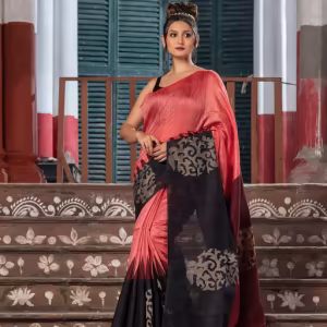 Dark Peach & Black Silk Matka Body Handwoven Jamdani Saree with Unstitched Blouse