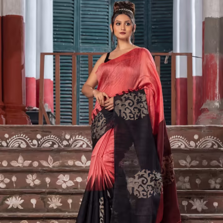 Dark Peach & Black Silk Matka Body Handwoven Jamdani Saree with Unstitched Blouse