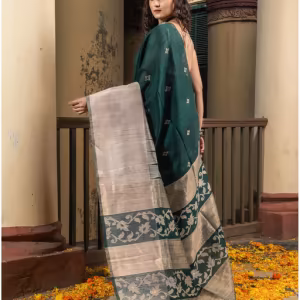 Bottle Green Silk Matka Muga Mahapar Border Pallu Jacquard Saree with Unstitched Blouse