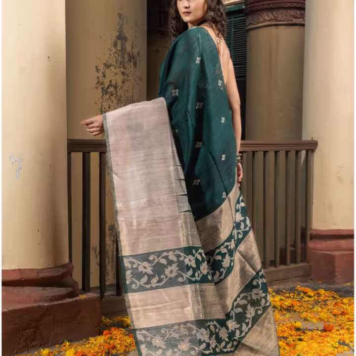 Bottle Green Silk Matka Muga Mahapar Border Pallu Jacquard Saree with Unstitched Blouse