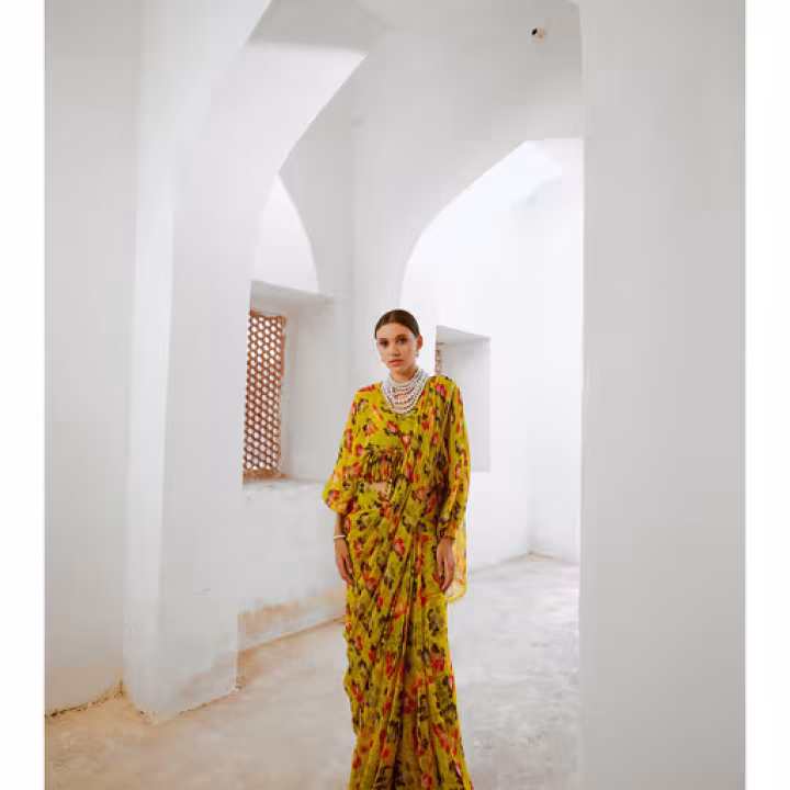 Gulbahar Bumblebee Green Saree With Boho Frill Stitched Blouse