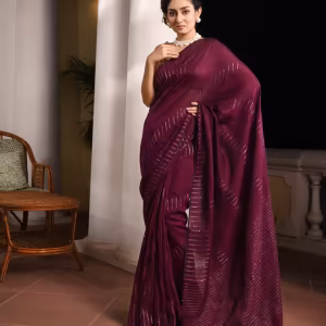 Wine Linen Sequin Work Handwoven Saree with Unstitched Blouse