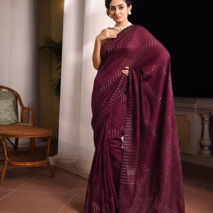 Wine Linen Sequin Work Handwoven Saree with Unstitched Blouse