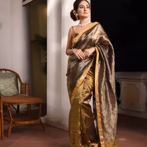 Golden Linen with Pallu Silver Zari Check Handwoven Tissue Saree with Unstitched Blouse
