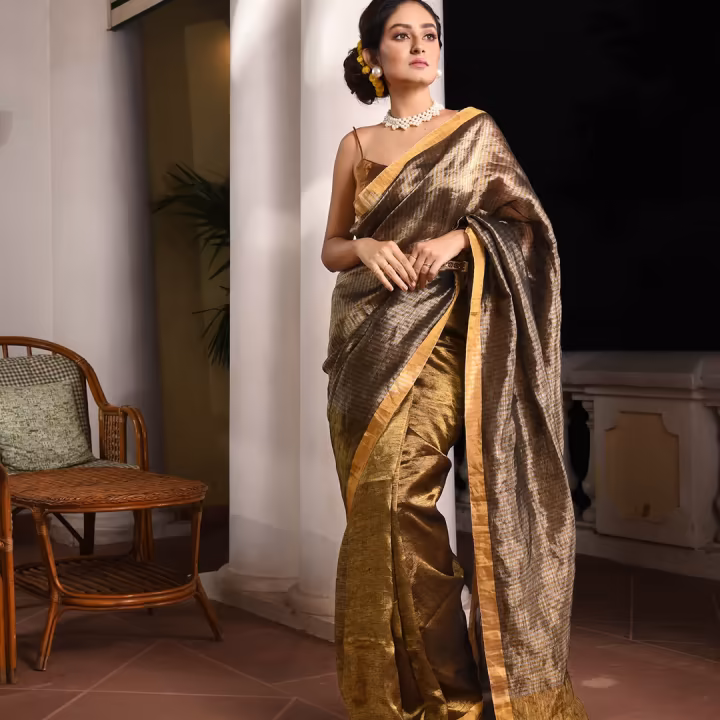 Golden Linen with Pallu Silver Zari Check Handwoven Tissue Saree with Unstitched Blouse