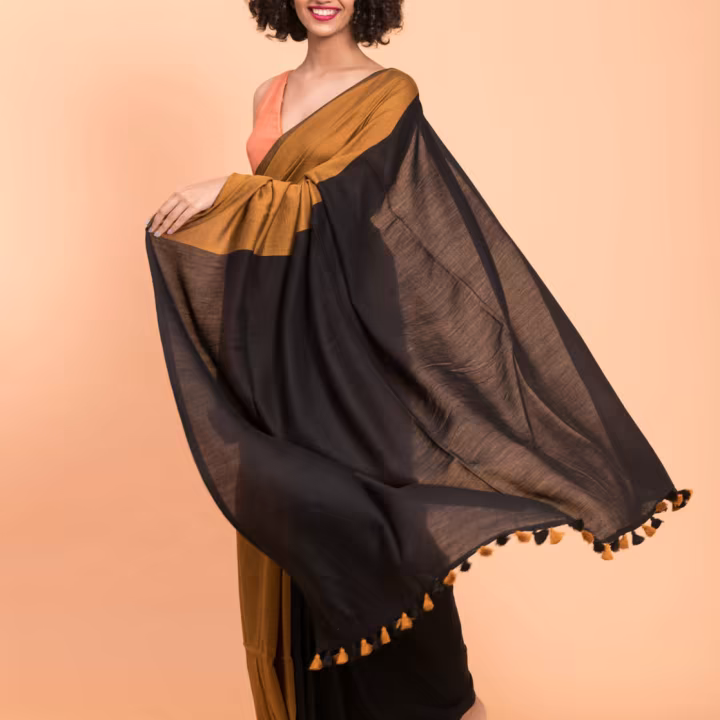 Colourblock Cotton Saree with Tassels 4.