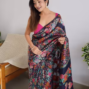 Floral Print Lichi Silk Saree with Border