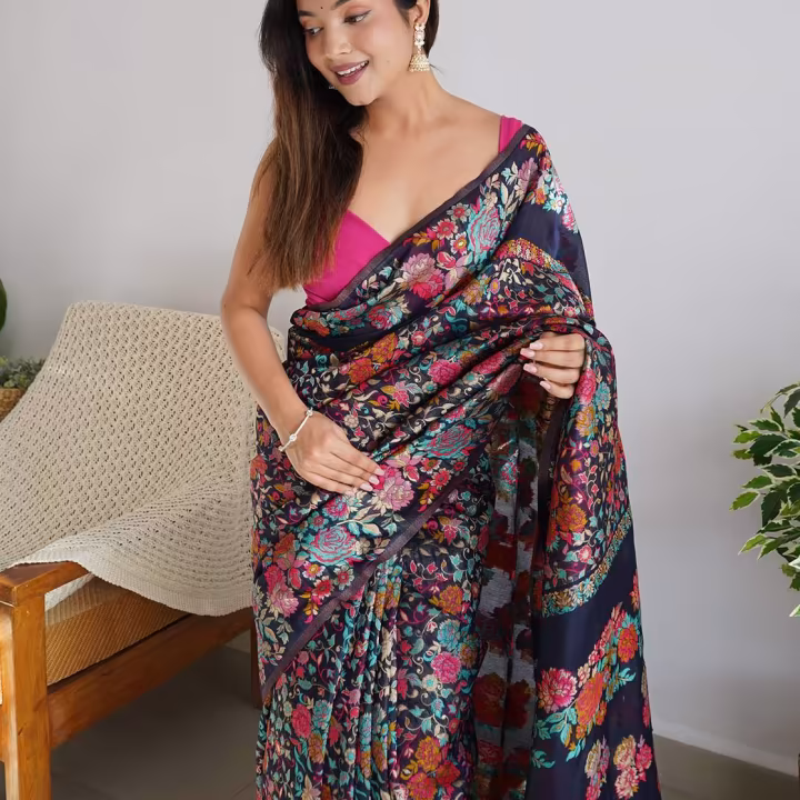 Floral Print Lichi Silk Saree with Border