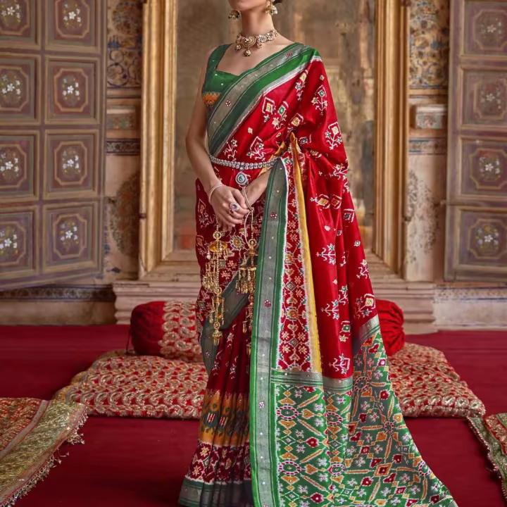 Ikat Print Saree with Contrast Zari Border