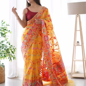 Floral Print Linen Cotton Saree with Thick Border