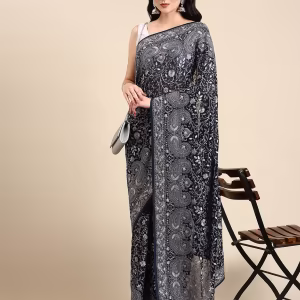 Woven Floral Print Saree with Contrast Border