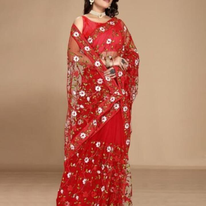 Women Embroidered Net Saree