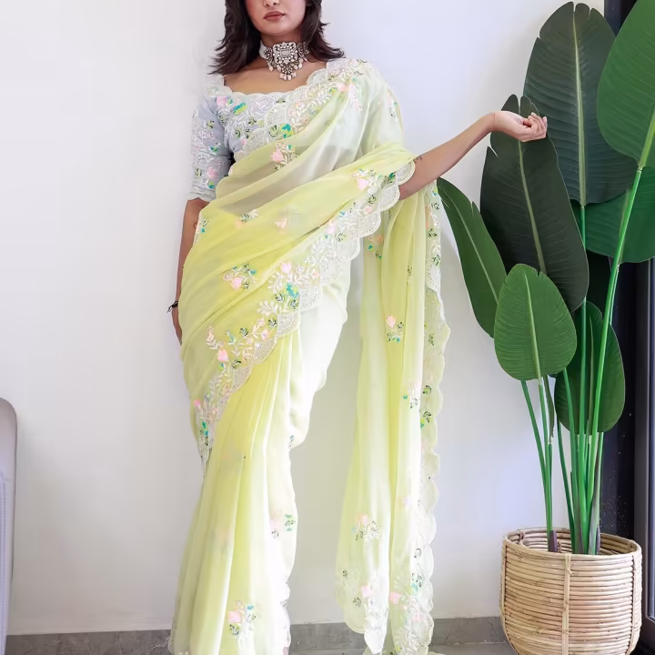 Women Embroidered Saree with Scalloped Hem