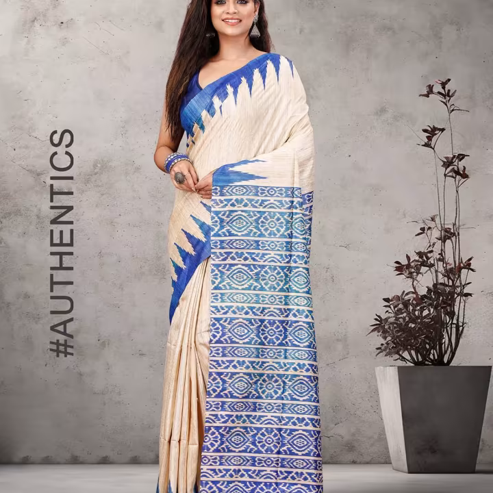 Handloom Handblock Printed Bhagalpur Tussar Saree