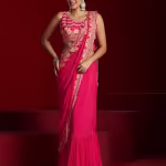 Women Pink Floral Printed Chinnon Lehenga Saree