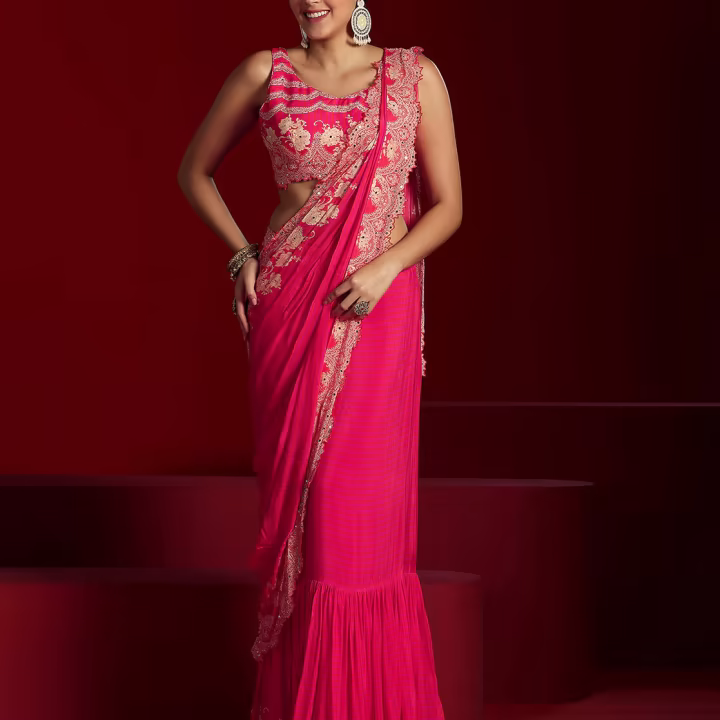 Women Pink Floral Printed Chinnon Lehenga Saree