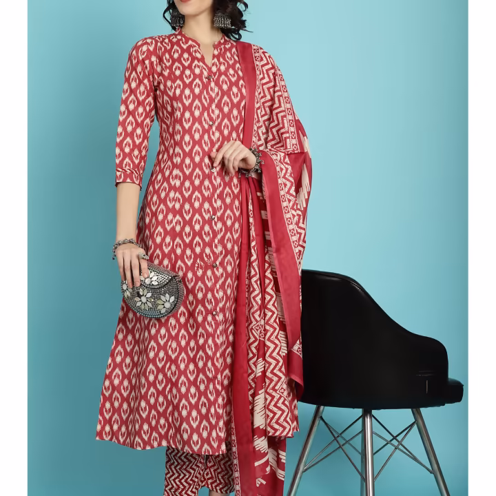Womens Cotton Maroon Kurta with Dupatta (Set of 3)