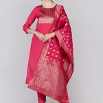 Women Pink Silk Blend Floral Straight Kurta with Pant and Dupatta (Set of 3)