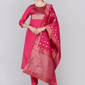 Women Pink Silk Blend Floral Straight Kurta with Pant and Dupatta (Set of 3)