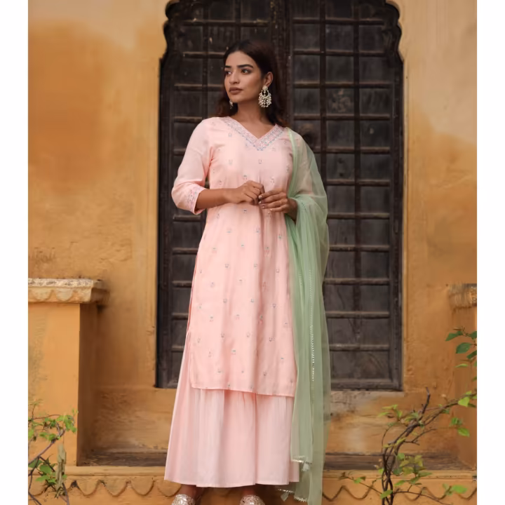 Peach Viscose Embroidered Straight Kurta With Palazzo (Set of 3)