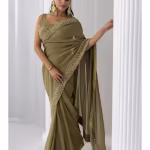 Olive Henna Georgette Saree with Stitched Blouse