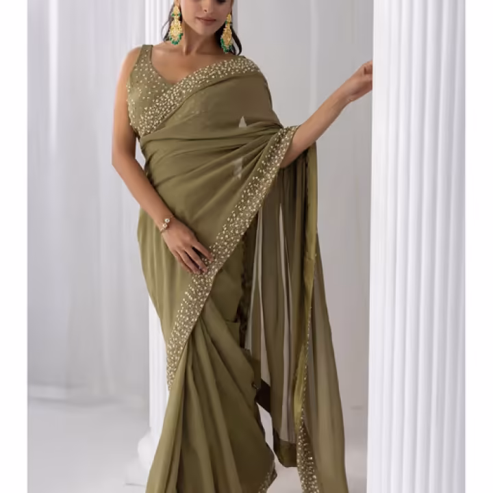 Olive Henna Georgette Saree with Stitched Blouse
