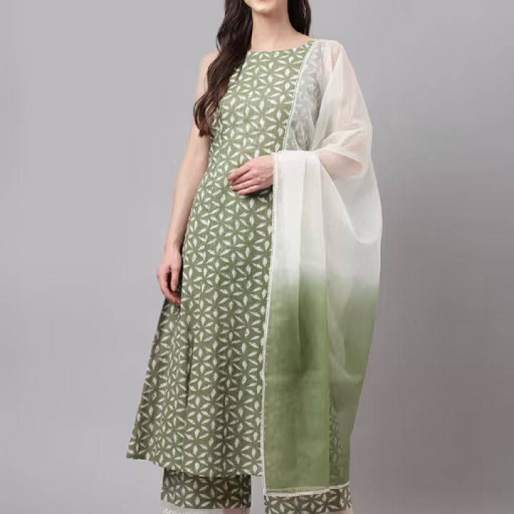 Green Floral Kurta and Palazzo with Dupatta (Set of 3)