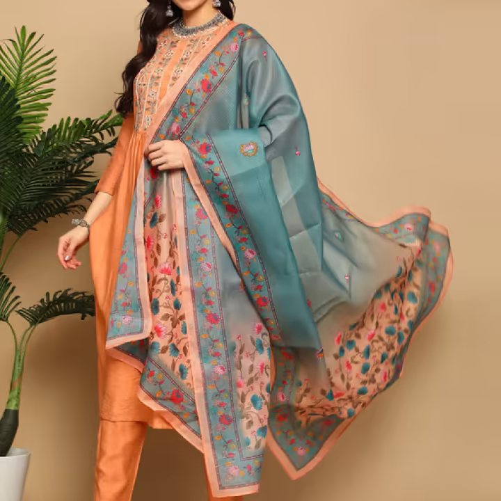 Women Embroidered Straight Kurta with Doriya Printed Dupatta (Set of 3)
