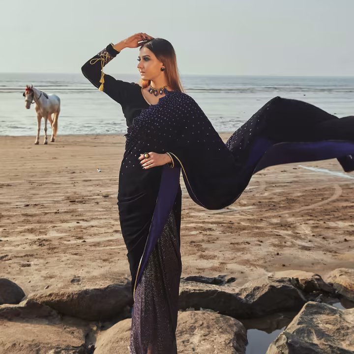 Jane Blue Saree With Stitched Blouse