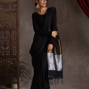 Regal Black Cotton Saree with Bronze and Silver Pallu
