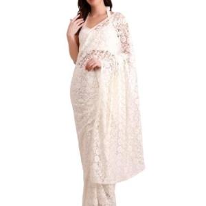 Women’s Cotton Crochet Off-White Saree Without Blouse – Stunning Net Fix Embellishments, Indian Ethnic Wear for Women, Traditional Saree for Parties, Weddings, and Festivals
