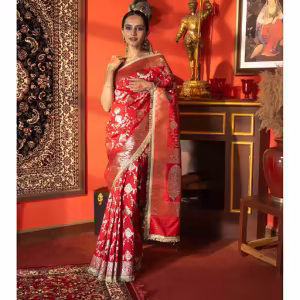 Red Stripe Pure Silk Banarasi Handloom Saree with Unstitched Blouse