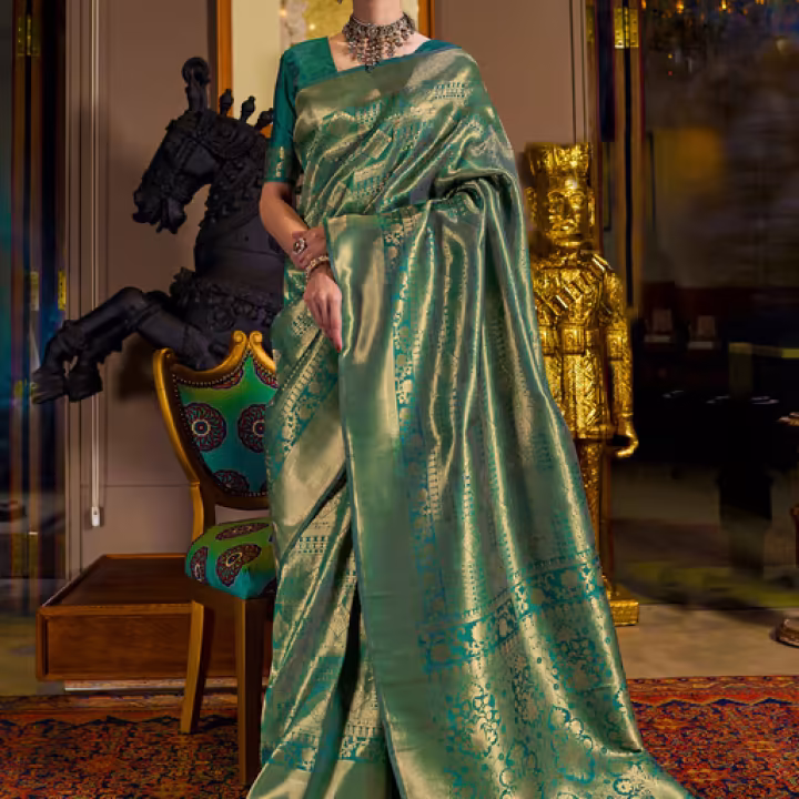 Sea Green Traditional Weaving Kanjivaram Silk Designer Saree with Unstitched Blouse