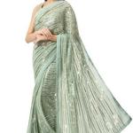 Women’s Pre-Stitched Golden Striped Splendor Ready To Wear Georgette Saree with Blouse (Customize Available)