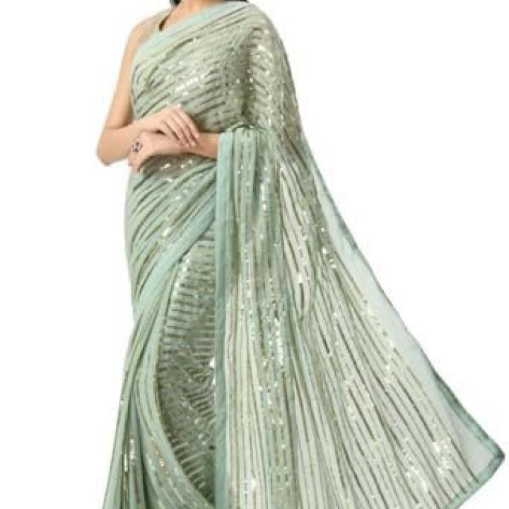 Women’s Pre-Stitched Golden Striped Splendor Ready To Wear Georgette Saree with Blouse (Customize Available)