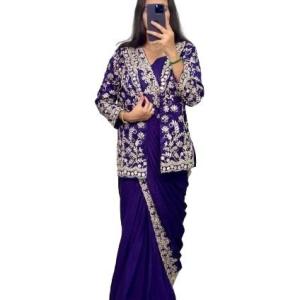 Ready To Wear Saree & Koti Set For Women Bollywood Style Chinon Silk Fabric On Embrodery Sequance Cording Work