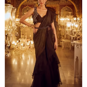 Brown Ruffle Pre-Draped Saree with Stitched Blouse and Belt
