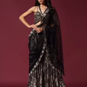 Black & Gold Drape Saree with Embroidered Stitched Blouse