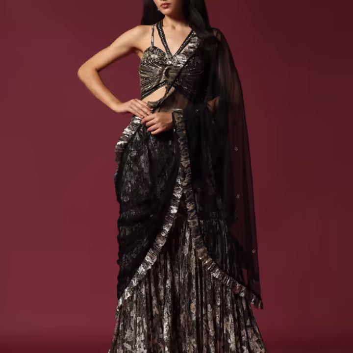 Black & Gold Drape Saree with Embroidered Stitched Blouse