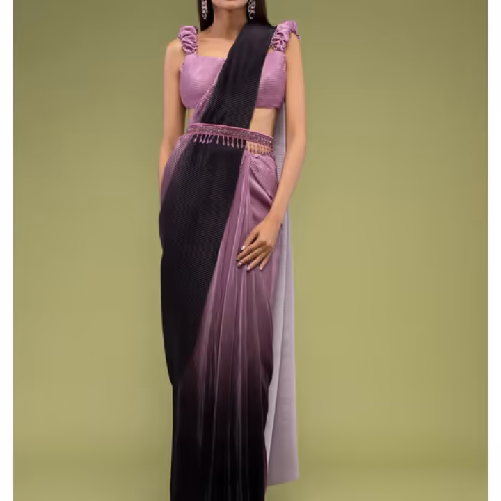 Java Plum Ombre Crafted In Crush Saree with A Fancy Stitched Blouse (Set of 3)