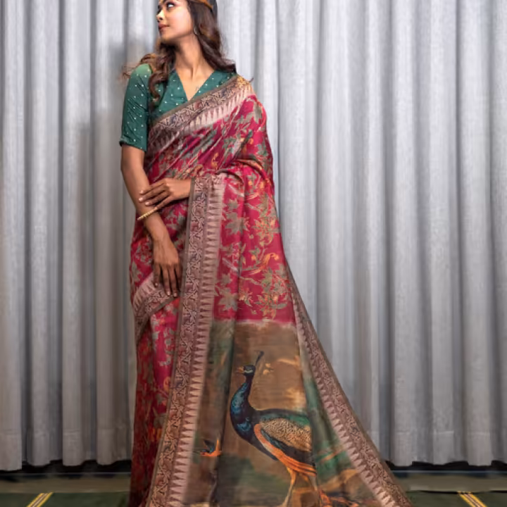 Pink Kasturi Kalamkari Saree with Unstitched Blouse