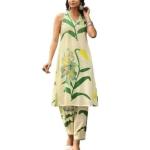 Women’s Pure Cotton Sleeveless Regular Kurta with Pant (Green-Leaf-p)